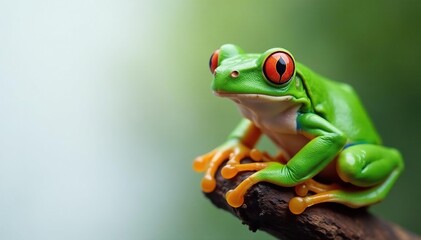 Naklejka premium Green tree frog perched on white, vibrant colors, leap, detail, element