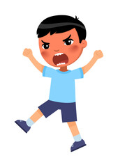 Little Asian boy with strong anger expression, waving his arms angrily. Clenched fists and wide open mouth expressing rage.
Cartoon character illustration