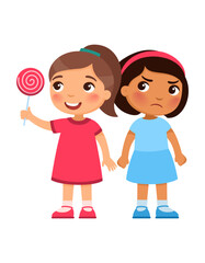 One girl is smiling and holding a large lollipop in hand. Other girl is unhappy, frowning and looking at the lollipop with envy or irritation
Cartoon character illustration