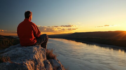 Obraz premium Contemplative figure meditating at dusk by tranquil river landscape for wellness seekers reflecting on nature's beauty and finding serenity at sunset vista