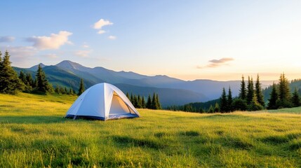 Mountaintop campsite at sunrise.  Tranquil camping scene in a grassy meadow atop a mountain range, with a light tent in the foreground.  Gentle sunrise lights the vast landscape