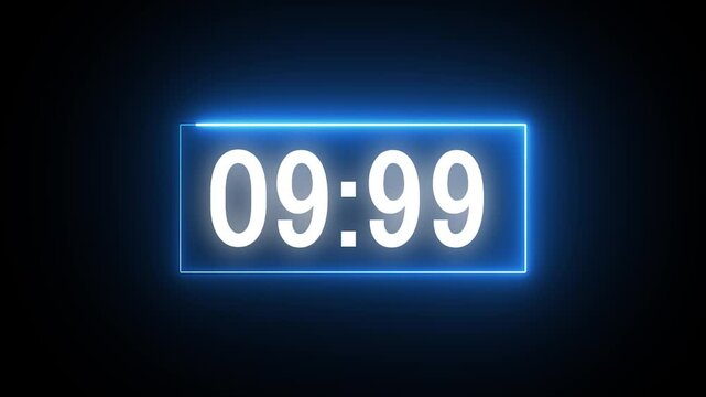 15 second countdown timer animation with glowing white numbers inside blue neon frame