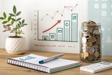 Coin jar, tracking expenses, and savings checklist. Financial planning and budgeting concept. (Money)
