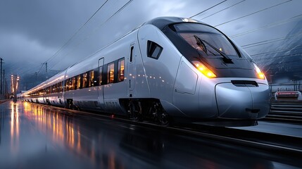 Fototapeta premium High-Speed Modern Train in Motion at Sunset with Futuristic White and Black Locomotive on Railway Track, Luxury Carriage and Panoramic Windows