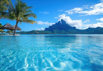 Crystal Clear Waters of Tropical Paradise with Lush Green Mountains Under Bright Blue Sky and Fluffy White Clouds in Reflection on Calm Surface