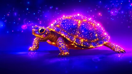 Neon illuminated turtle navigating a cosmic seascape with twinkling stars and ethereal blue purples, a modern fantastical rendering and vibrant surrealism