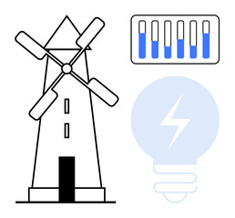 Windmill generating power alongside a bar chart tracking energy production and an illuminated lightbulb icon. Ideal for renewable energy, sustainability, innovation, clean energy, power efficiency