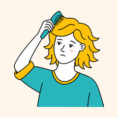 Fototapeta premium A disgruntled person combing their hair awareness vector illustration, Self love theme on a beige background with black outline