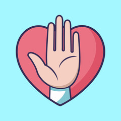 Illustration of a hand gesturing stop awareness vector illustration, Self love theme inside a heart with light blue background