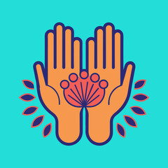 Symbolic representation of hands holding awareness vector illustration, Self love theme a stylized flower on turquoise background