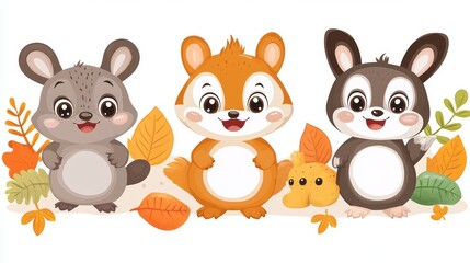 Obraz premium Charming woodland animal trio featuring adorable bunny squirrel and mouse with autumnal accents ideal for cute season children design projects