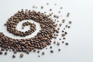 A spiral design created with scattered coffee beans on a light surface, showcasing a creative arrangement of natural coffee elements.