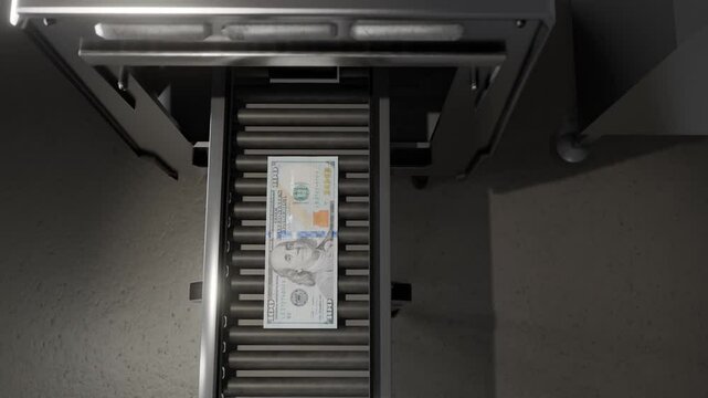 3D animation showing a money printing factory with conveyor belts printing dollars