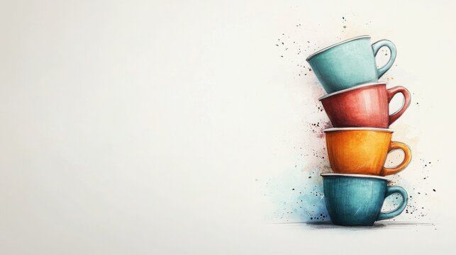 A colorful stack of four ceramic cups, showcasing vibrant hues against a minimalist background, exuding a cheerful and artistic vibe.