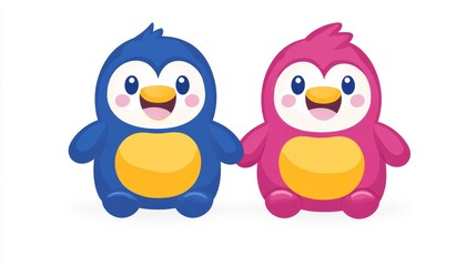 Fototapeta premium Enchanting penguin pair pixelated cartoon characters holding hands adorable digital art vector illustration joyful companionship perfect for kids design