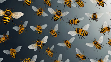 Generative AI illustration side view of small striped bees with transparent wings isolated on white background,generative.ai
