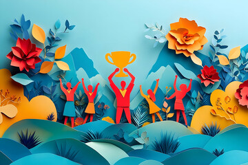 Team achievement celebrated amidst vibrant paper art landscape.