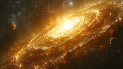 Obraz premium Swirling galaxy with orbiting planets and stars