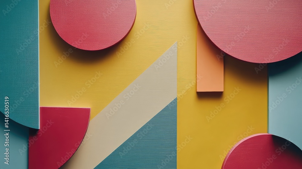 Poster abstract geometric shapes with vibrant colors on a smooth surface, creating a creative, dynamic vibe