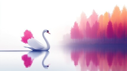 Ethereal swan gliding on calm water against a backdrop of softly hued trees creates a dreamy lakeside illustration that exudes peace and beauty