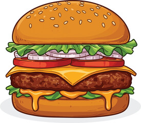 vibrant cartoon illustration features a delicious-looking hamburger stacked with classic ingredients