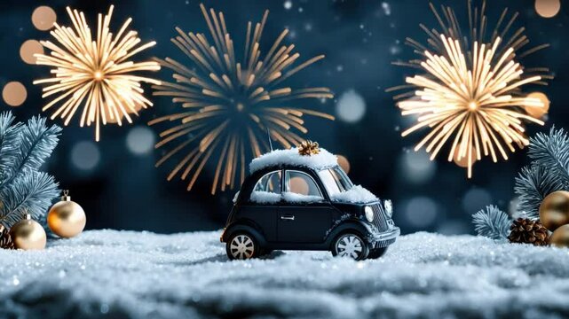 Festive Miniature Car Surrounded by Snow and Christmas Decorations with Fireworks in the Background Celebrating New Year&rsquo;s Eve