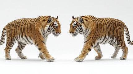 Obraz premium Elegant mirroring of majestic Bengal tigers walking with graceful strides against a pristine backdrop depicting wild beauty and feline power animal