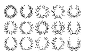A collection of fifteen simple black outline illustrations of various laurel wreaths and floral circles. Elegant botanical frames and decorative elements.