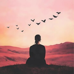 A conceptual illustration of a lonely woman in a surreal landscape. Perfect for mental health, loneliness, and emotional depth themes. Generative AI.