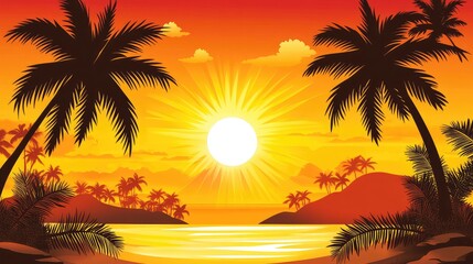 Obraz premium A glowing sunset sky with silhouettes of palm trees, creating the ideal backdrop for memories of a summer evening by the beach