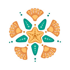 Mandala pattern design in colorful illustration starfish, seashells, various sea animals, ocean, tropical beach, ethnic pattern, retro vintage, summer holiday design elements for print design, modern.