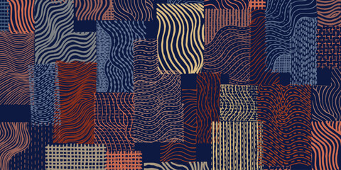 Crafted hand drawn brush line abstract stitching waves collage pattern, Japanese traditional sashiko handcrafted embroidery, weaving texture background, ethnic graphic for textile, wrapping paper