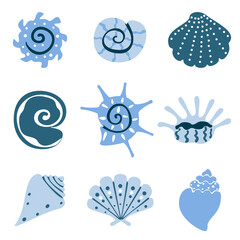 Vector illustration set of seashells, various sea animals, ocean, tropical beach, colorful summer holiday design elements for print design, modern, label, menu cover, icon. Flat vector illustration.
