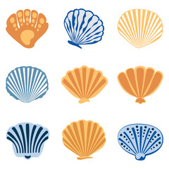Vector illustration set of seashells, various sea animals, ocean, tropical beach, colorful summer holiday design elements for print design, modern, label, menu cover, icon. Flat vector illustration.
