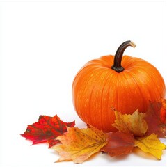 Isolated fall pumpkin with autumn leaves on a clean white background.