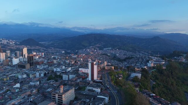 Aerial View Manizales Chipre Neighborhood with Mountains in the Background Dolly Forward Shot