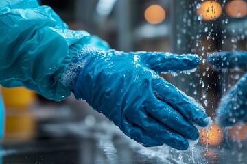 Professional cleaning service. A cleaning staff member in uniform and protective gloves is wiping a surface with specialized cleaning products. Concept of hygiene, cleanliness, and home or office care