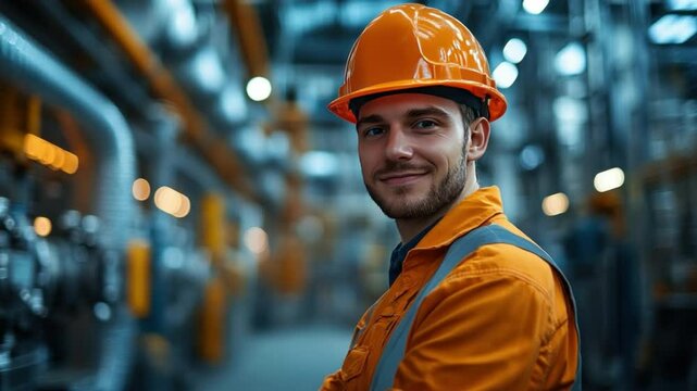 Portrait of Engineering Professional: A confident engineer poses in an industrial setting, radiating competence and experience. The hard hat symbolizes safety. The focus on precision.