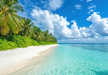 Fototapeta premium Serene Tropical Beach with Crystal Clear Water and Lush Palm Trees against a Bright Blue Sky in a Paradise Destination