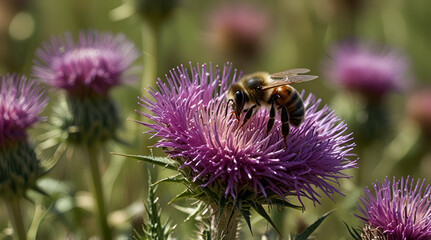 Busy bee gathers nectar from vibrant purple thistle in sun-drenched meadow, picture, pollination,generative.ai
