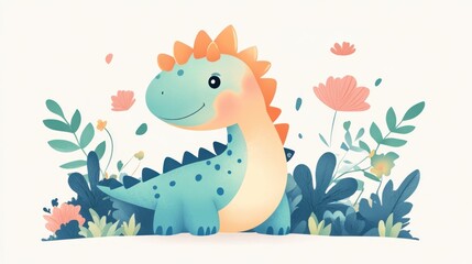 Cute dinosaur surrounded by flowers and plants