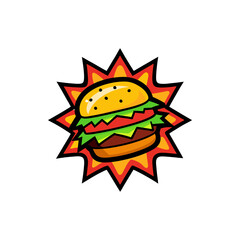 Pop Art Comic Style Burger Explosion Illustration on Transparent Background  