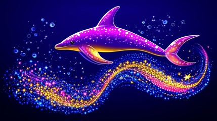 Fototapeta premium Enchanting aquatic journey under the deep indigo sea with a bioluminescent dolphin illuminating ocean floor amidst a twinkling nebula of stars