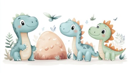 Cute dinosaurs by a dino egg