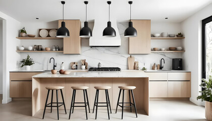 Bright Modern Kitchen with White Marble Island, Wooden Cabinets, and Black Pendant Lights