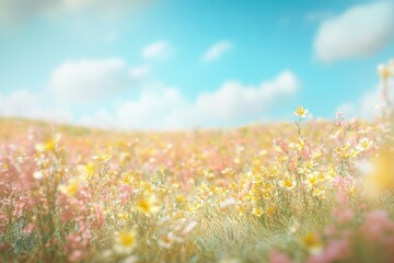 Fototapeta premium Pastel wildflowers blanket a sunny hillside meadow.