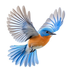 Extreme side view of a perfectly beautiful hyperrealistic single eastern bluebird bird flying mid air isolated on a white transparent background