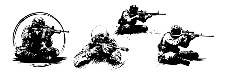 Naklejka premium Sniper Soldier Vector Set – Tactical Shooting Pose Silhouettes
