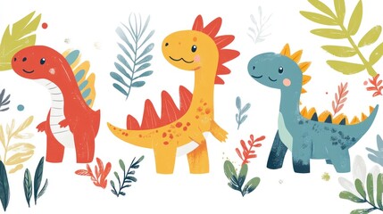 Cute dinosaurs in a botanical setting