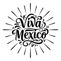 Elegant black lettering design of Viva Mexico with decorative flourishes and radiating lines. Ideal for marketing, posters, or merchandise related to Mexican culture.